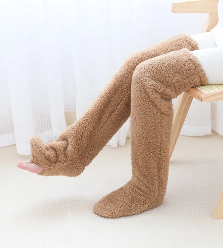 Fluffy Thigh High Socks Teddy Legs Snuggle Long Paws Fuzzy Leggings over Knee Slippers Hairy Stockings Floor Socks