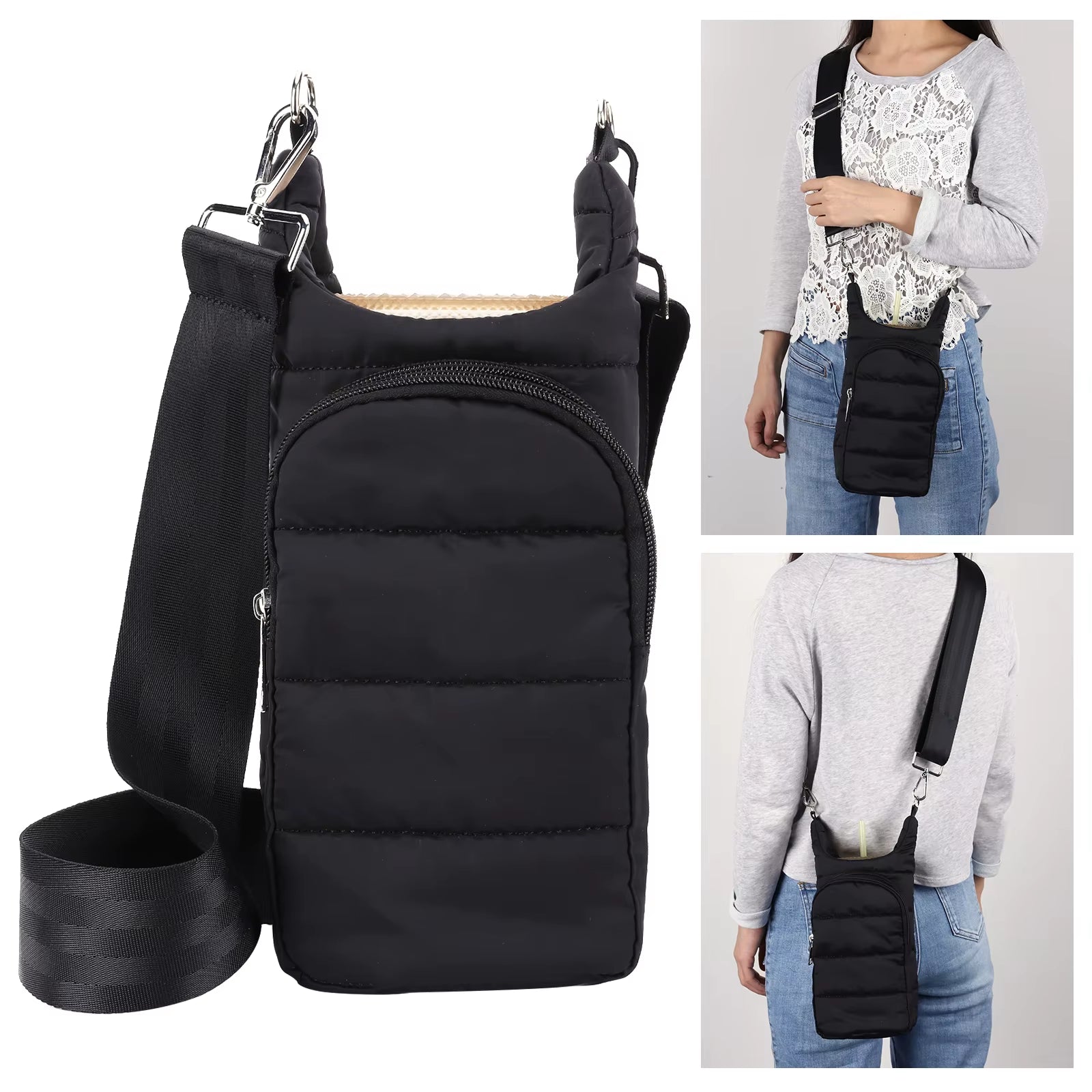 HydroCarry Puffer Tote – Adjustable Strap Water Bottle Carrier for Outdoor Travel & Daily Adventures