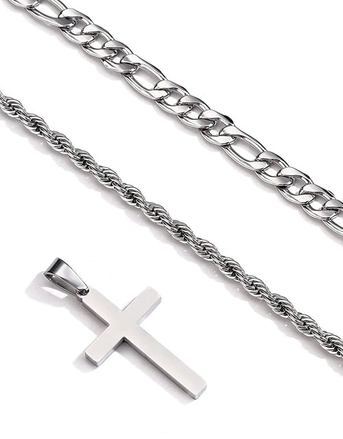 Load image into Gallery viewer, Layered Silver Cross Necklace for Men Stainless Steel Layered Figaro Twist Rope Chains Cross Pendant Necklaces Set Christian Religious Gifts
