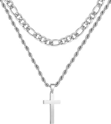 Layered Silver Cross Necklace for Men Stainless Steel Layered Figaro Twist Rope Chains Cross Pendant Necklaces Set Christian Religious Gifts