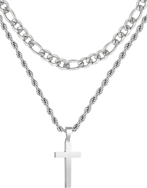 Load image into Gallery viewer, Layered Silver Cross Necklace for Men Stainless Steel Layered Figaro Twist Rope Chains Cross Pendant Necklaces Set Christian Religious Gifts
