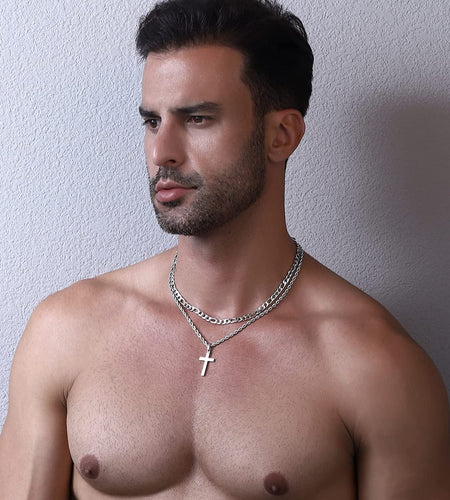Layered Silver Cross Necklace for Men Stainless Steel Layered Figaro Twist Rope Chains Cross Pendant Necklaces Set Christian Religious Gifts