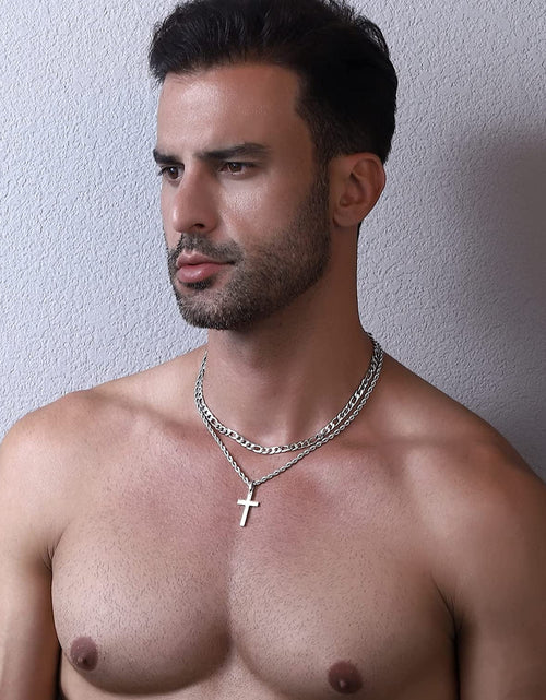 Load image into Gallery viewer, Layered Silver Cross Necklace for Men Stainless Steel Layered Figaro Twist Rope Chains Cross Pendant Necklaces Set Christian Religious Gifts
