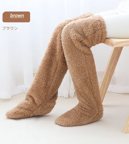 Fluffy Thigh High Socks Teddy Legs Snuggle Long Paws Fuzzy Leggings over Knee Slippers Hairy Stockings Floor Socks